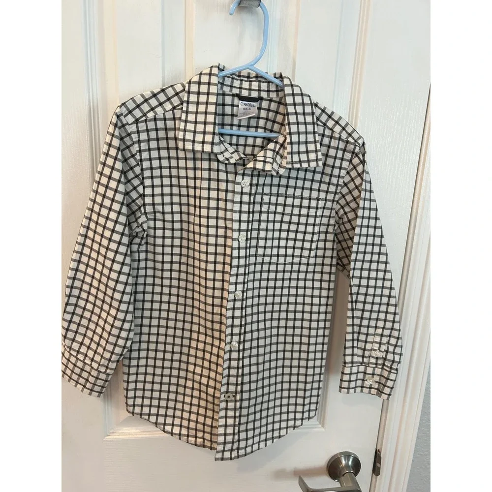 Gymboree Button Down Shirt‎ Black White Grid Check Long Sleeve Kids S 5-6 Top